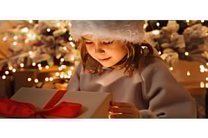 Mädchen öffnet ein Geschenk zu Weihnachten