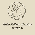 Icon. Oben ist eine durchgestrichene Hausstaubmilbe abgebildet und darunter steht geschrieben: «Anti-Milben-Bezüge nutzen!»