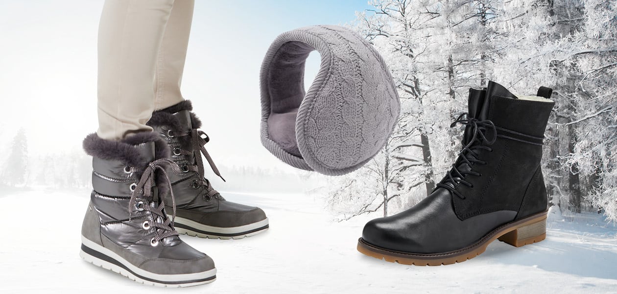 Présentation de bottines d'hiver et de cache-oreilles. L'image montre un paysage de neige hivernal. Au premier plan, deux paires de bottes d'hiver et un cache-oreilles gris sont présentés.